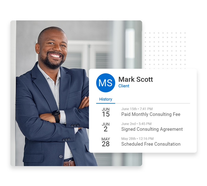Smiling man leaning against a wall overlaid with client history details from the Marketing 360® CRM Consultant CRM