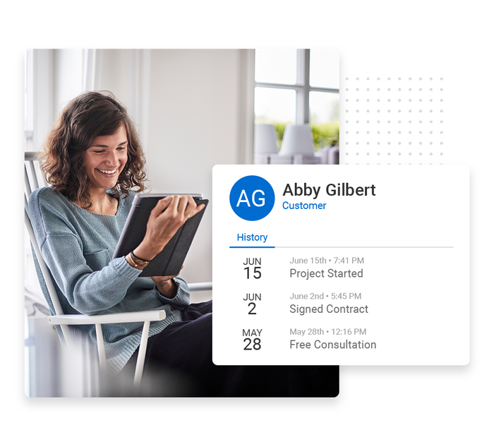 Smiling woman looking at tablet overlaid with client history details from the Marketing 360® CRM Contractor CRM