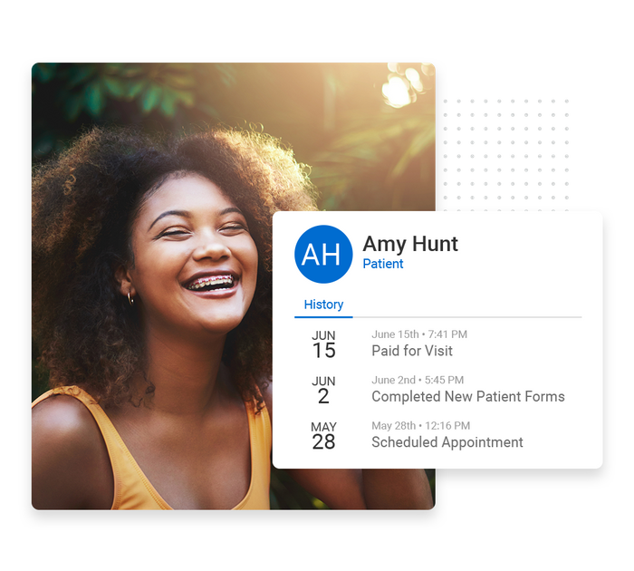 Smiling woman with braces overlaid with client history details from the Marketing 360® CRM Dental CRM