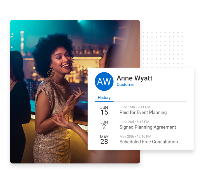 Smiling woman at a bar overlaid with client history details from the Marketing 360® CRM Event planner CRM