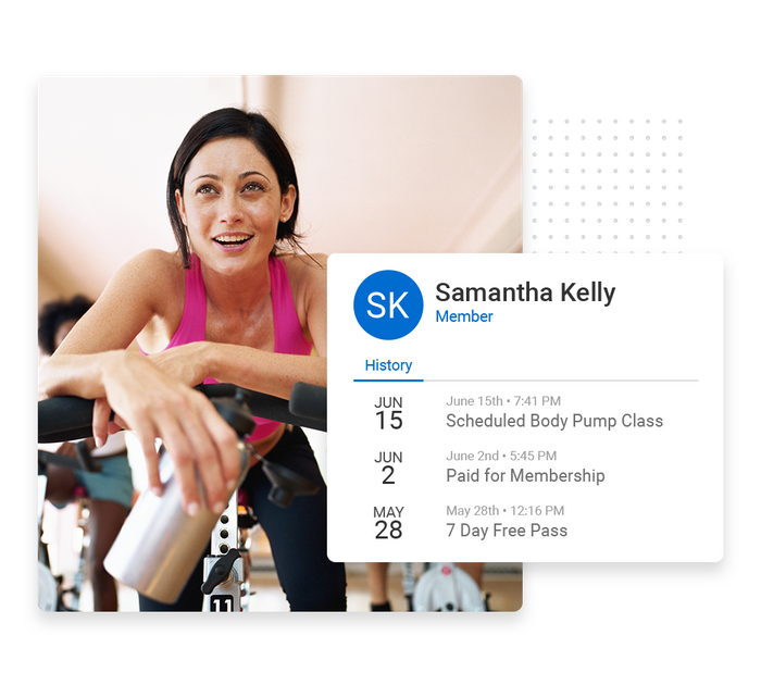 Smiling woman in exercise machine with water bottle overlaid with client history details from the Marketing 360® CRM Fitness CRM