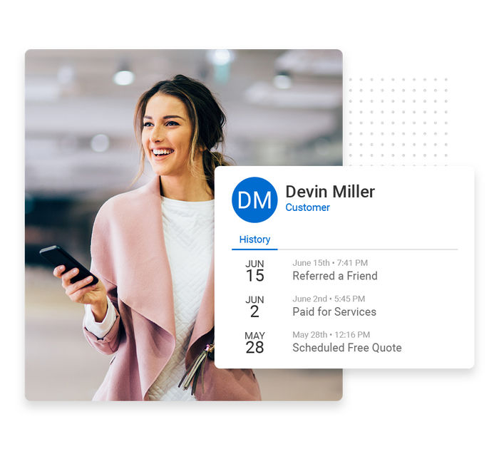 Smiling woman with smartphone overlaid with client history details from the Marketing 360® CRM Franchise CRM
