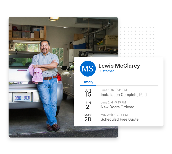 Smiling garage door contractor overlaid with client history details from the Marketing 360® CRM Garage door contractor CRM