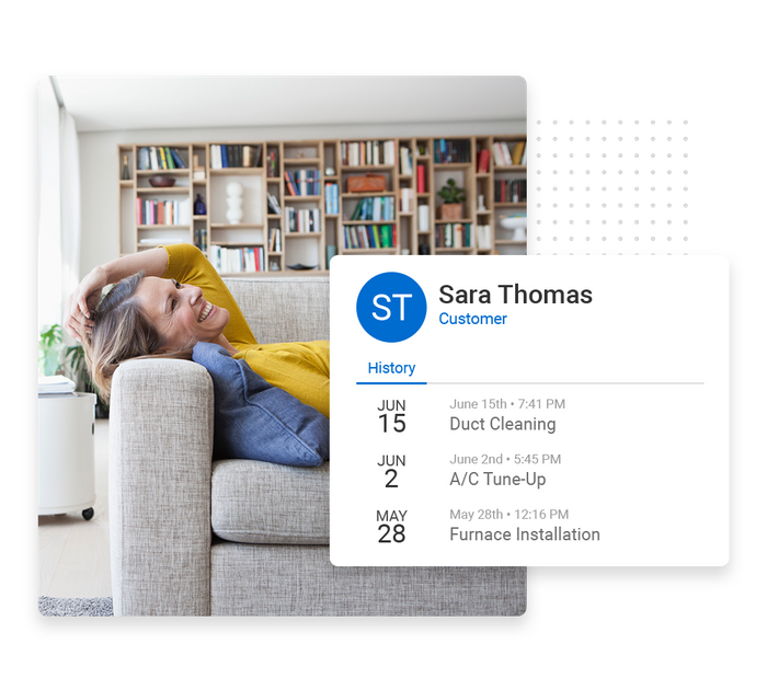 Smiling woman on couch overlaid with client history details from the Marketing 360® CRM HVAC CRM