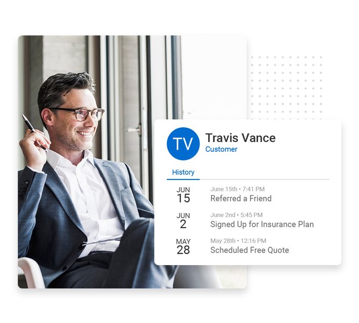 Smiling insurance agent overlaid with client history details from the Marketing 360® CRM insurance CRM