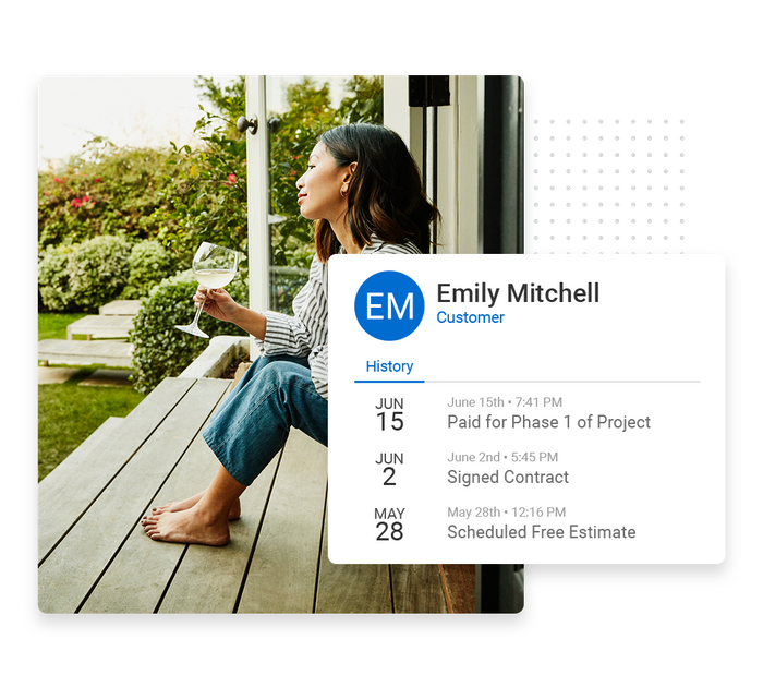 Woman sitting on porch drinking wine overlaid with client history details from the Marketing 360® CRM landscaper CRM