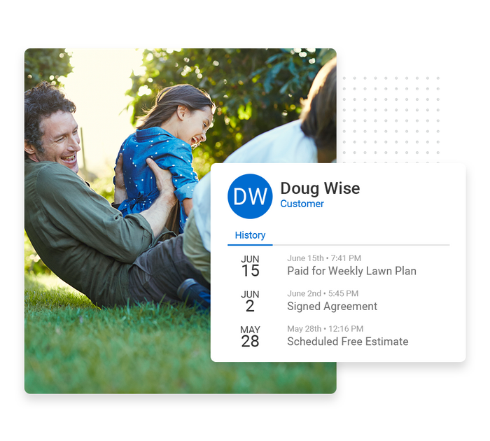 Smiling family on lawn overlaid with client history details from the Marketing 360® CRM lawn care CRM