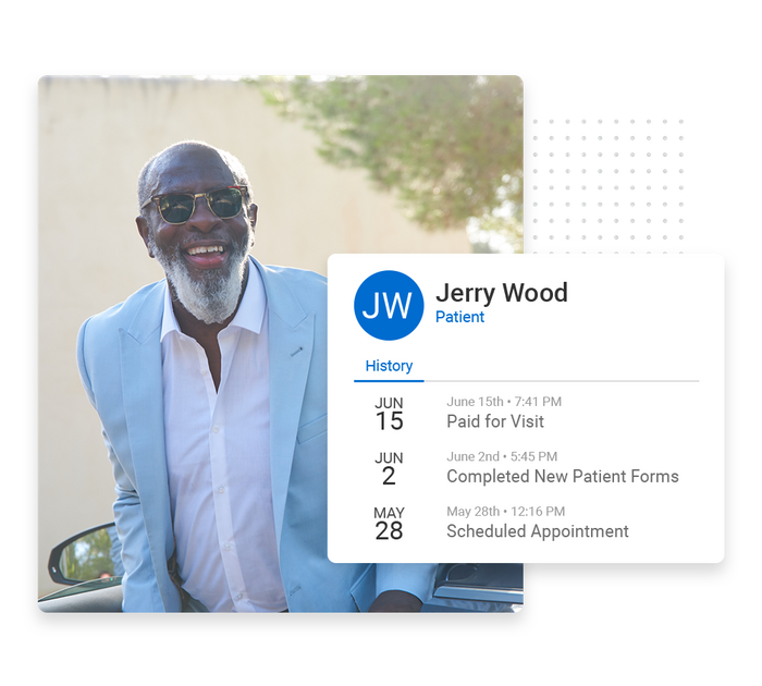 Smiling man with sunglasses overlaid with client history details from the Marketing 360® CRM medical CRM