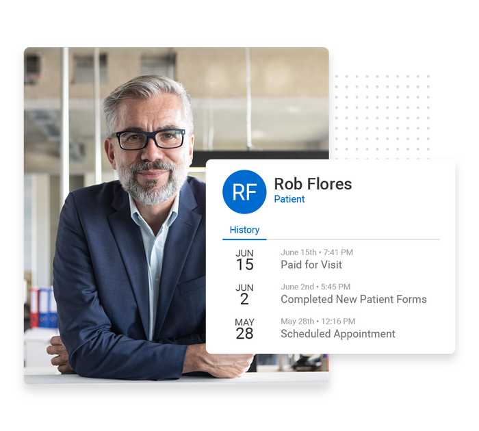 Smiling older man with glasses overlaid with client history details from the Marketing 360® CRM Eye doctor CRM