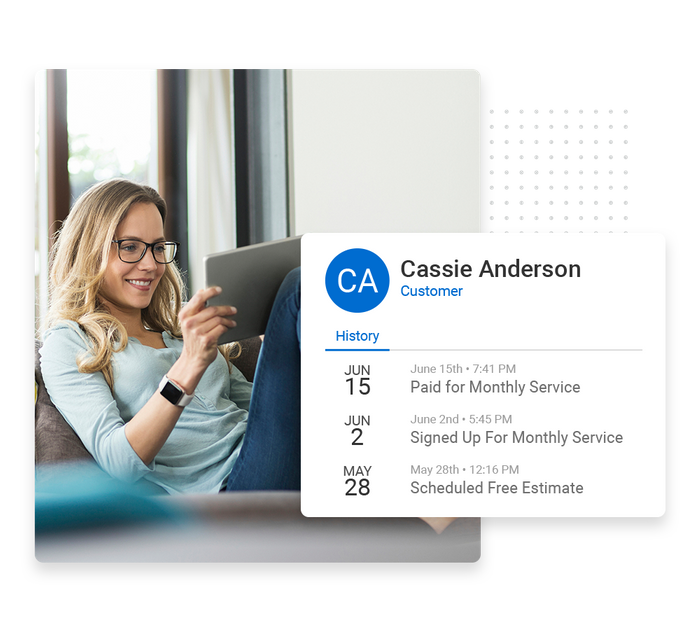 Woman lounging looking at tablet overlaid with client history details from the Marketing 360® CRM pest control CRM