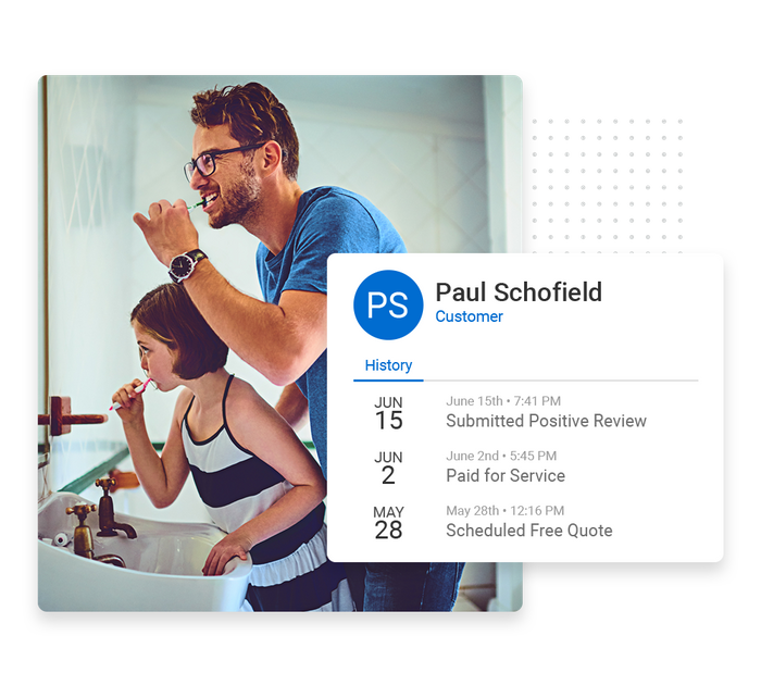 Father and daughter brushing teeth overlaid with client history details from the Marketing 360® CRM plumber CRM