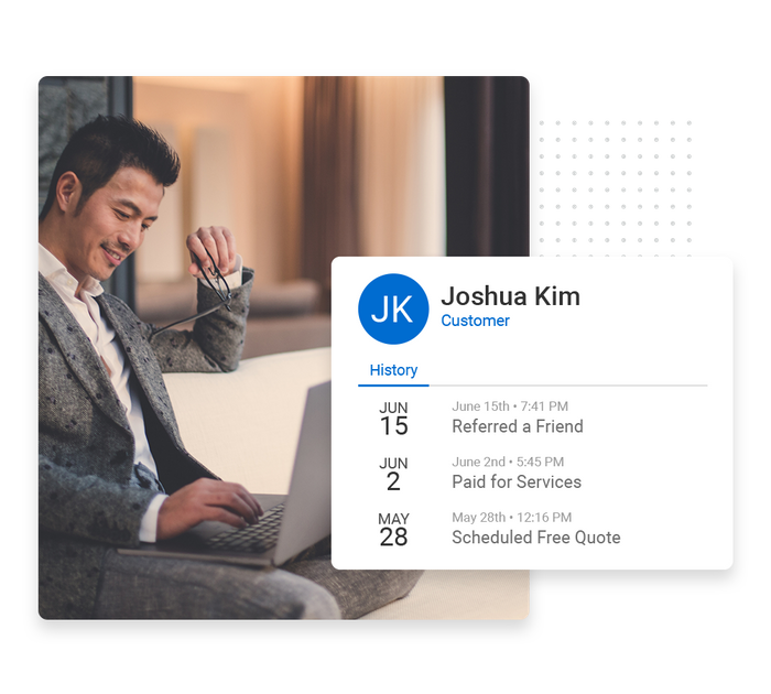 Businessman looking at laptop overlaid with client history details from the Marketing 360® CRM CRM for small businesses
