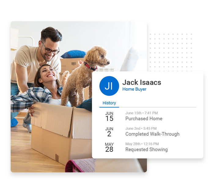 A couple with a dog and moving boxes overlaid with client history details from the Marketing 360® CRM real estate CRM
