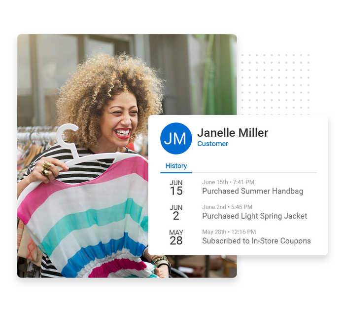 Smiling woman shopping overlaid with client history details from the Marketing 360® CRM retail CRM