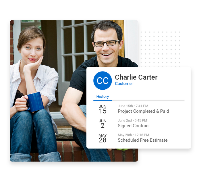 Smiling couple sitting on porch overlaid with client history details from the Marketing 360® CRM roofing CRM