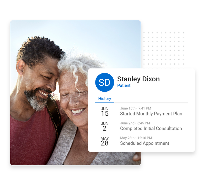 Smiling older couple overlaid with client history details from the Marketing 360® CRM therapist CRM