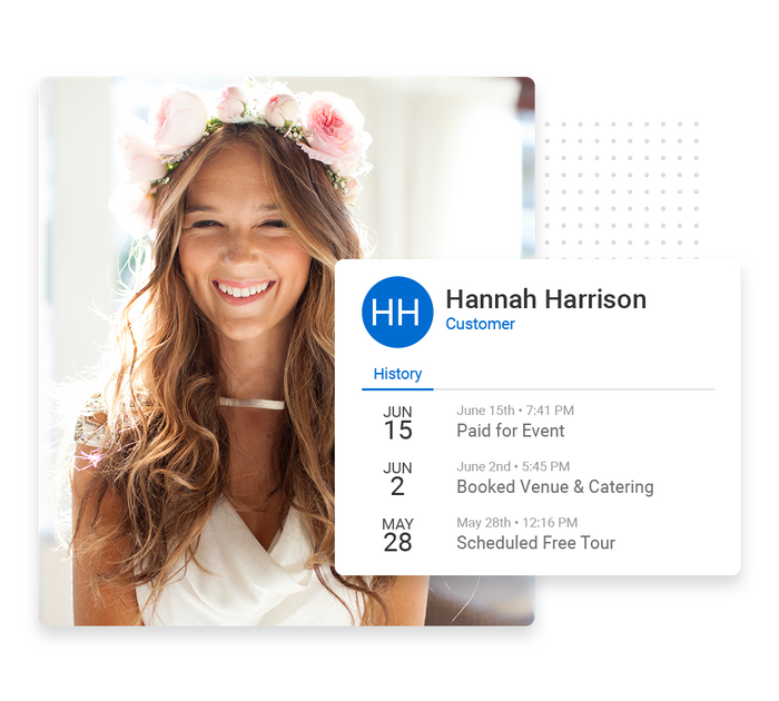 Smiling bride overlaid with client history details from the Marketing 360® CRM venue CRM