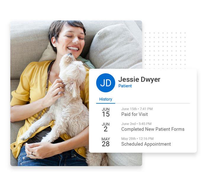 Smiling woman with dog overlaid with client history details from the Marketing 360® CRM veterinarian CRM