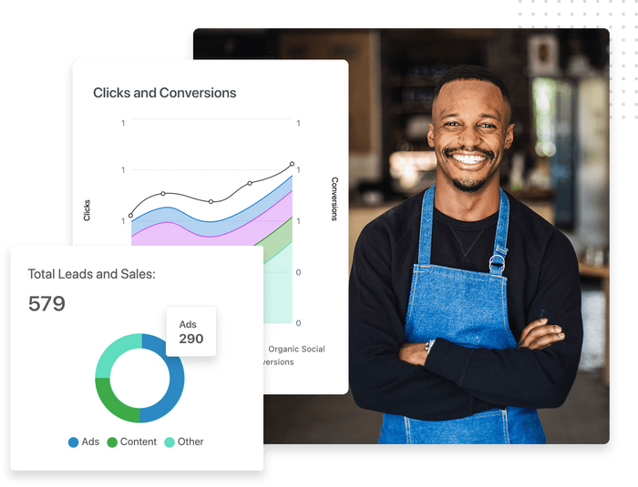 Smiling man wearing apron and crossing his arms overlaid with clicks and conversions chart and leads and sales graph Total leads and sales chart Intelligence