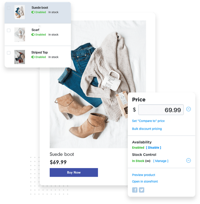Product page for suede boots overlaid with inventory management tool and a pricing details editor Suede boot product page