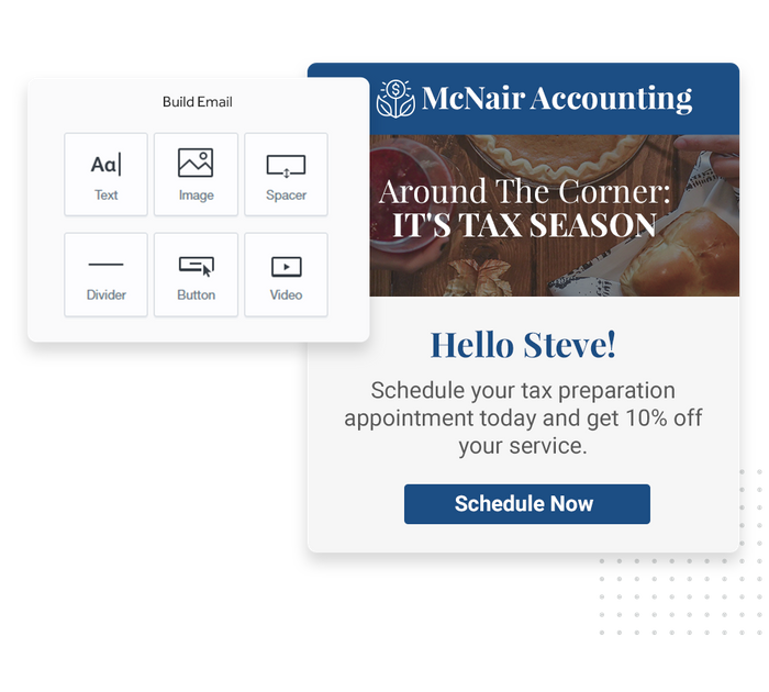 Accountant marketing email reminding customer to schedule an appointment overlaid with email editing tool in the Nurture app Accountant email marketing