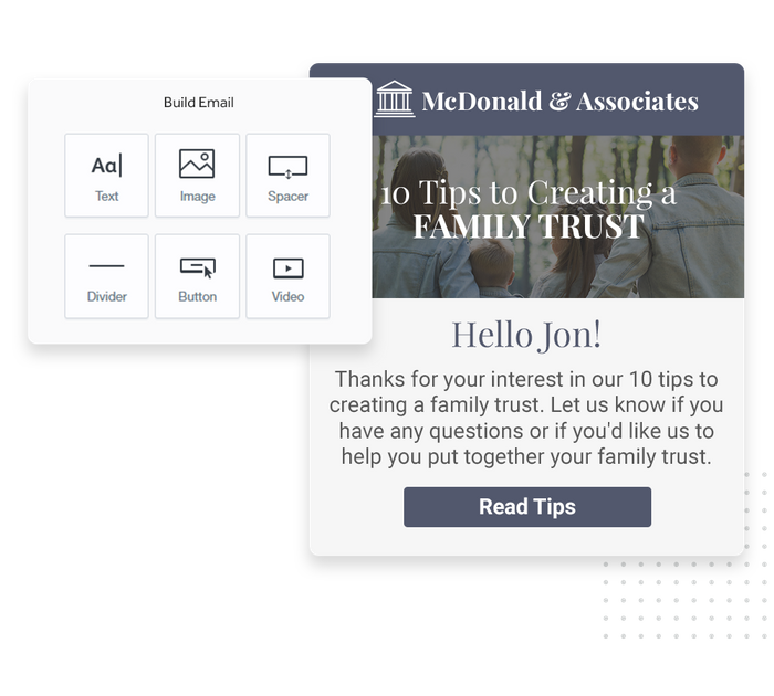 Attorney marketing email overlaid with email editor from Marketing 360® Nurture Law firm email marketing
