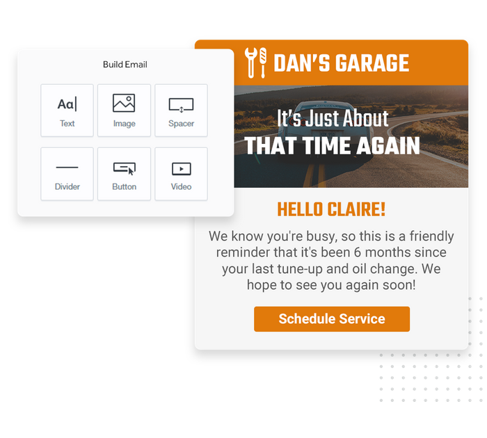 Auto shop marketing email overlaid with email editor from Marketing 360® Nurture Auto shop email marketing