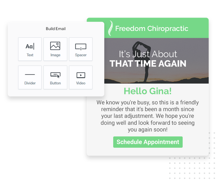 Chiropractor marketing email overlaid with email editor from Marketing 360® Nurture Chiropractor email marketing