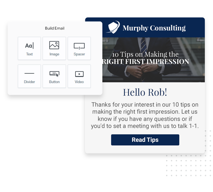 Consultant marketing email overlaid with email editor from Marketing 360® Nurture Consultant email marketing