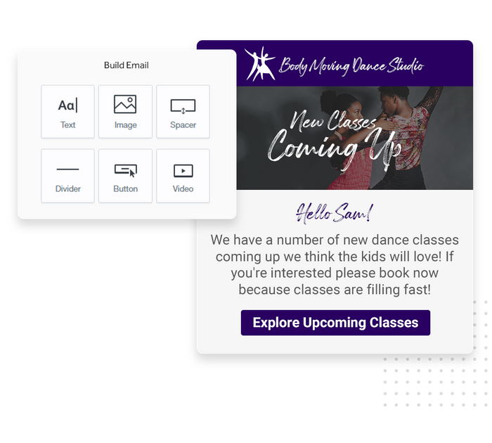 Dance studio marketing email overlaid with email editor from Marketing 360® Nurture Dance studio email marketing