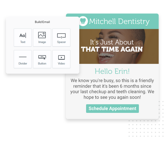 Dentist marketing email overlaid with email editor from Marketing 360® Nurture Dentist email marketing