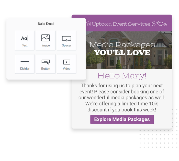 Event planner marketing email overlaid with email editor from Marketing 360® Nurture Event planner email marketing