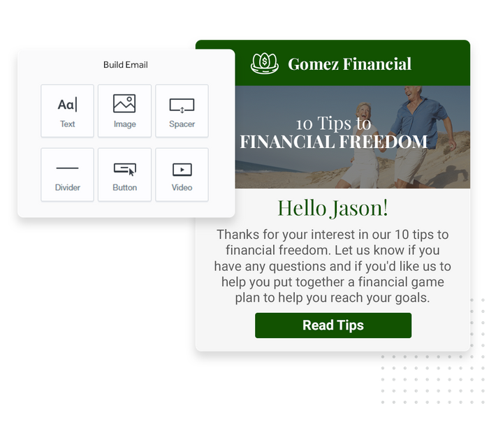 Financial advisor marketing email overlaid with email editor from Marketing 360® Nurture Financial email marketing