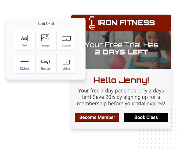 Fitness marketing email overlaid with email editor from Marketing 360® Nurture Fitness email marketing