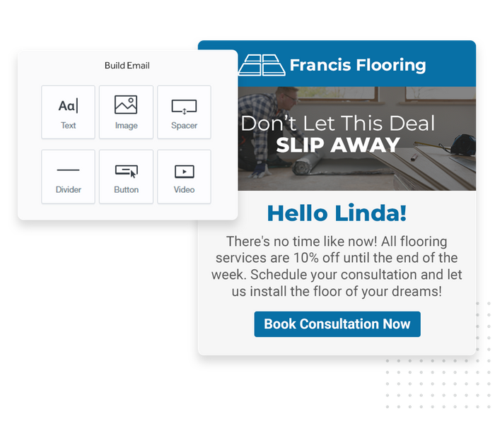 Flooring contractor marketing email overlaid with email editor from Marketing 360® Nurture Flooring email marketing