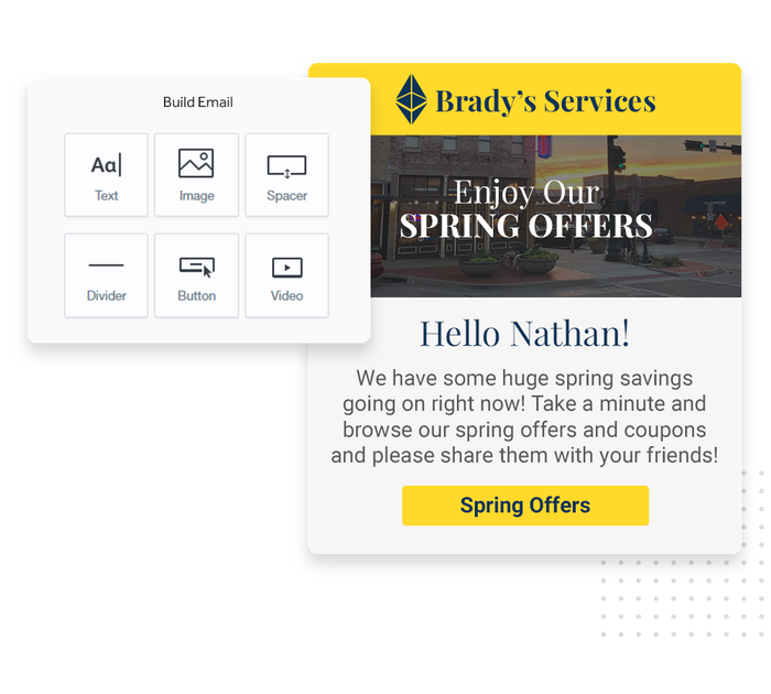 Franchise marketing email overlaid with email editor from Marketing 360® Nurture Franchise email marketing