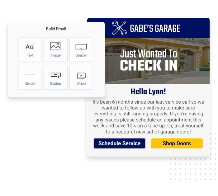 Garage door contractor marketing email overlaid with email editor from Marketing 360® Nurture Garage door contractor email marketing