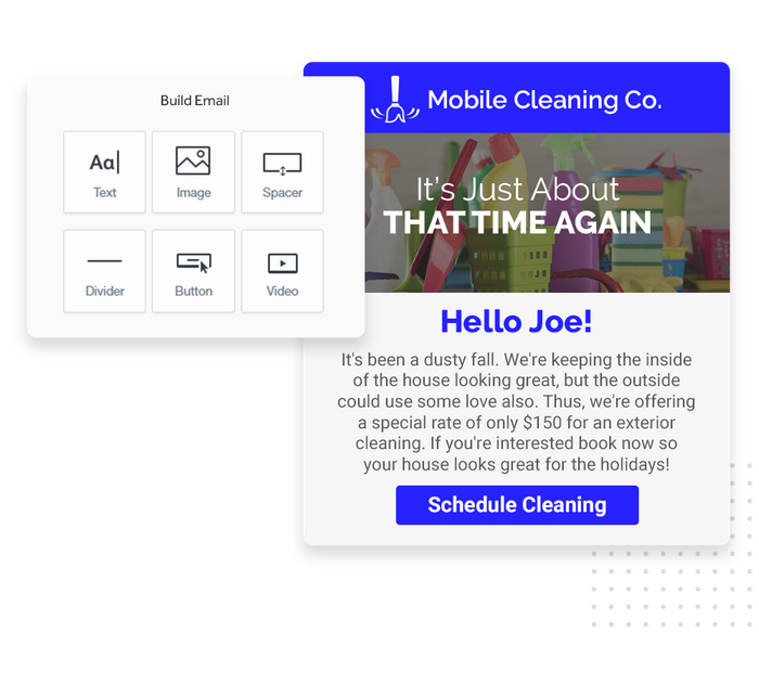 House cleaning marketing email overlaid with email editor from Marketing 360® Nurture House cleaning email marketing