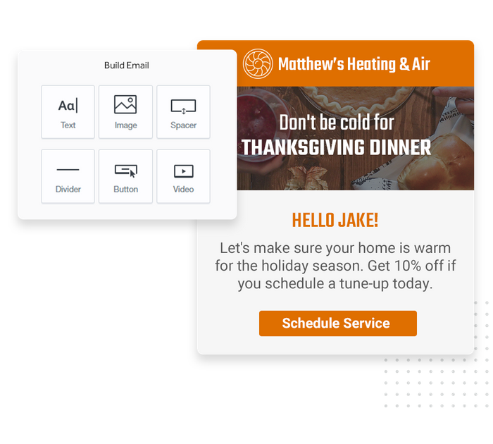 HVAC marketing email overlaid with email editor from Marketing 360® Nurture HVAC email marketing