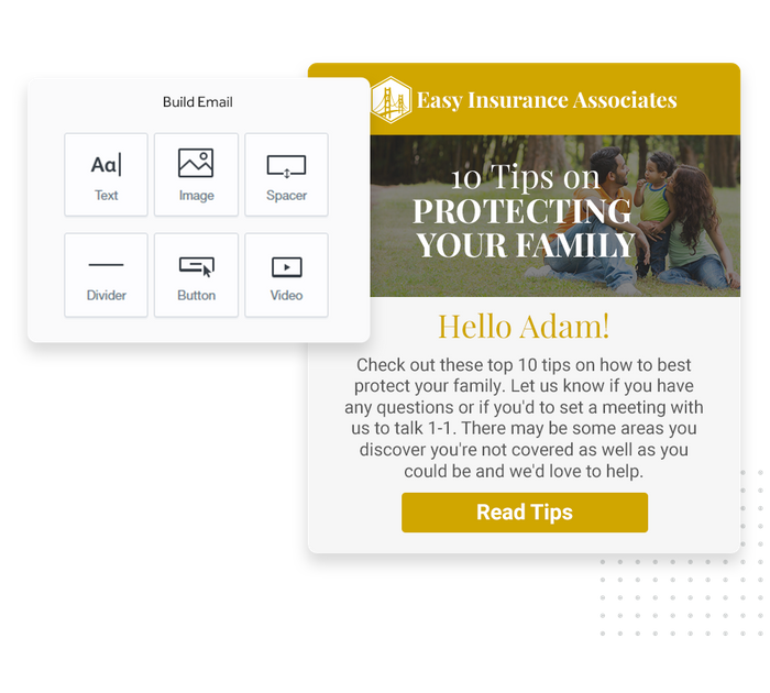 Insurance company marketing email overlaid with email editor from Marketing 360® Nurture insurance email marketing