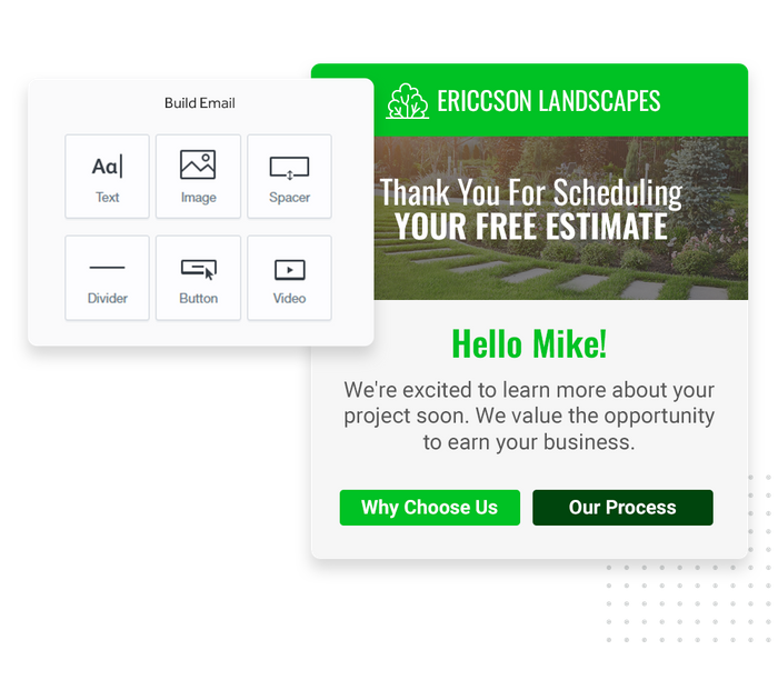 Landscaping marketing email overlaid with email editor from Marketing 360® Nurture landscaping email marketing