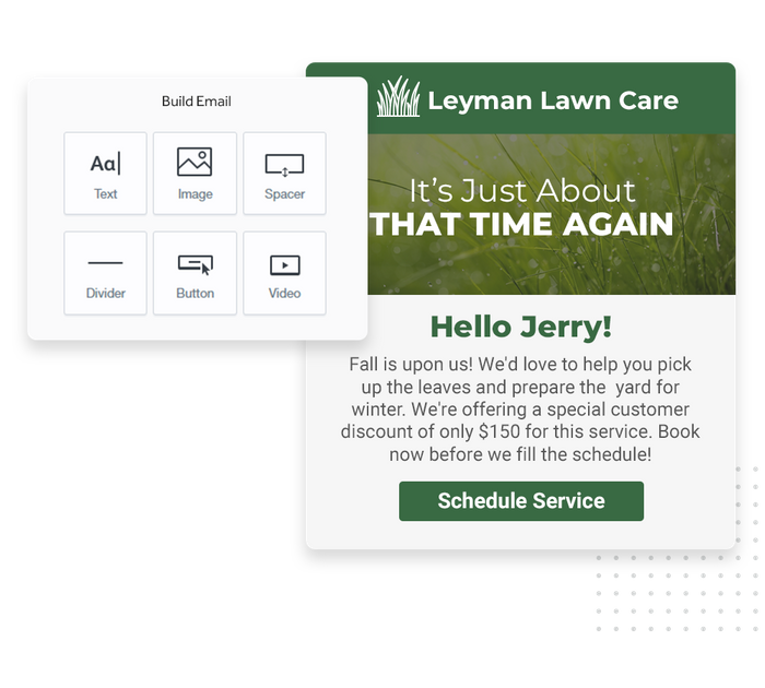 Lawn care marketing email overlaid with email editor from Marketing 360® Nurture lawn care email marketing