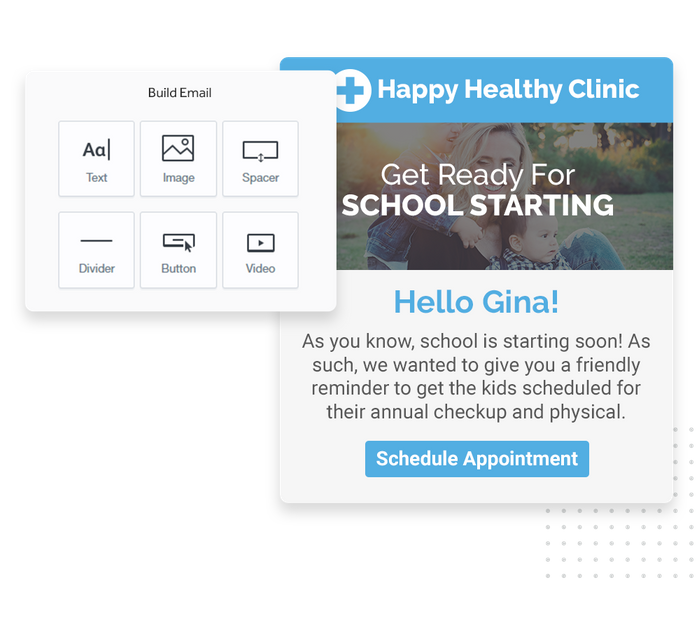 Medical practice marketing email overlaid with email editor from Marketing 360® Nurture medical email marketing