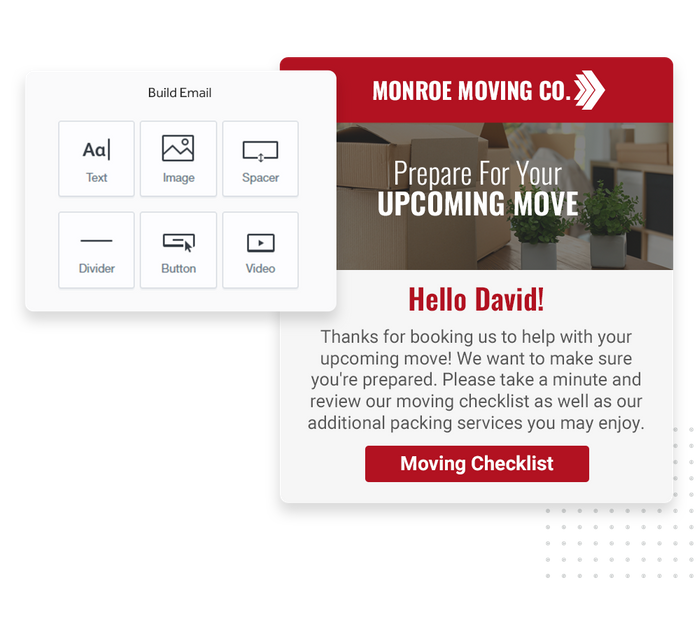Moving company marketing email overlaid with email editor from Marketing 360® Nurture moving company email marketing