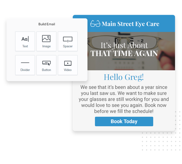 Eye doctor marketing email overlaid with email editor from Marketing 360® Nurture Eye doctor email marketing