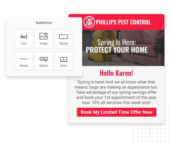 Pest control marketing email overlaid with email editor from Marketing 360® Nurture pest control email marketing