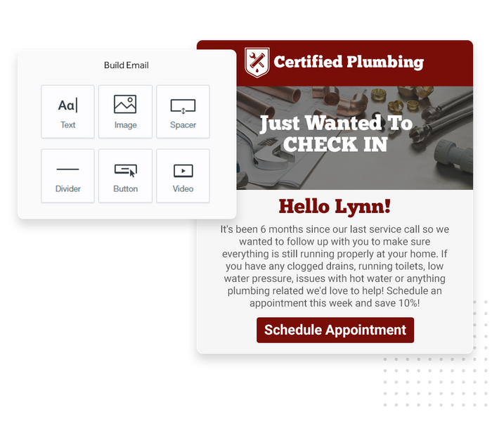 Plumber marketing email overlaid with email editor from Marketing 360® Nurture plumber email marketing