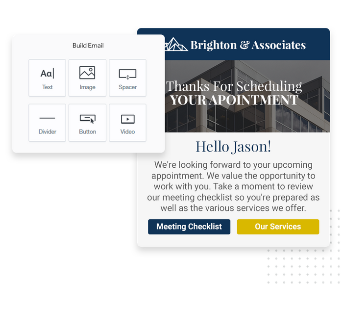 Small business marketing email overlaid with email editor from Marketing 360® Nurture email marketing for small businesses