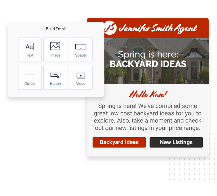 Real estate marketing email overlaid with email editor from Marketing 360® Nurture real estate email marketing