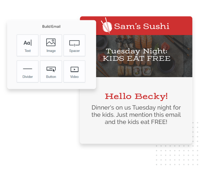 Restaurant marketing email overlaid with email editor from Marketing 360® Nurture restaurant email marketing